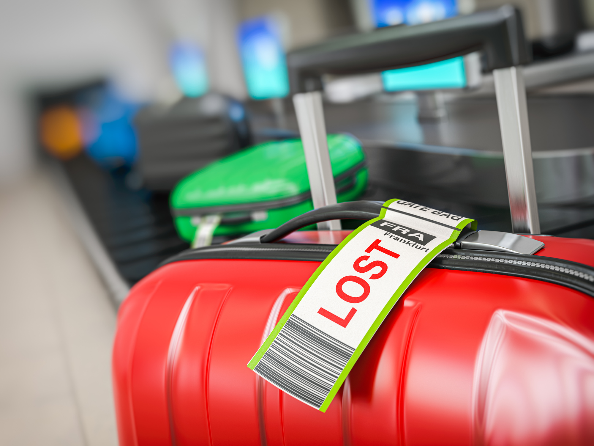 I forgrunden ses en kuffert med et taskeetiket, hvorpå der står &quot;LOST&quot;, i baggrunden kører flere kufferter på en bagagebånd.