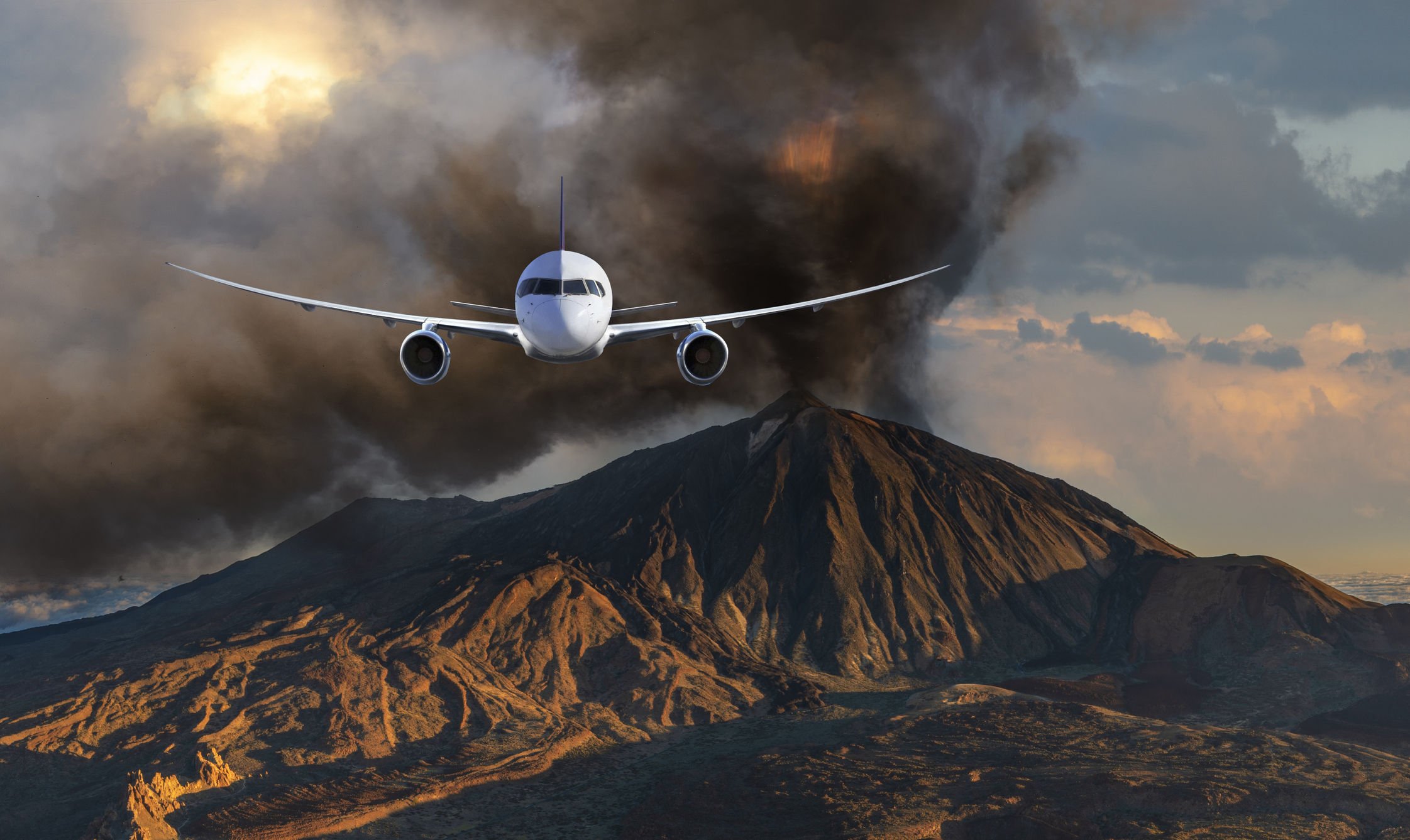 Et fly flyver mod kameraet, en askesky og et vulkansk landskab kan ses i baggrunden.
